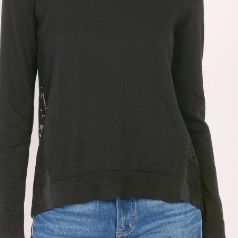 Sandro Paris -Black Merino Wool Knit Sweater with Lace Hem Inserts